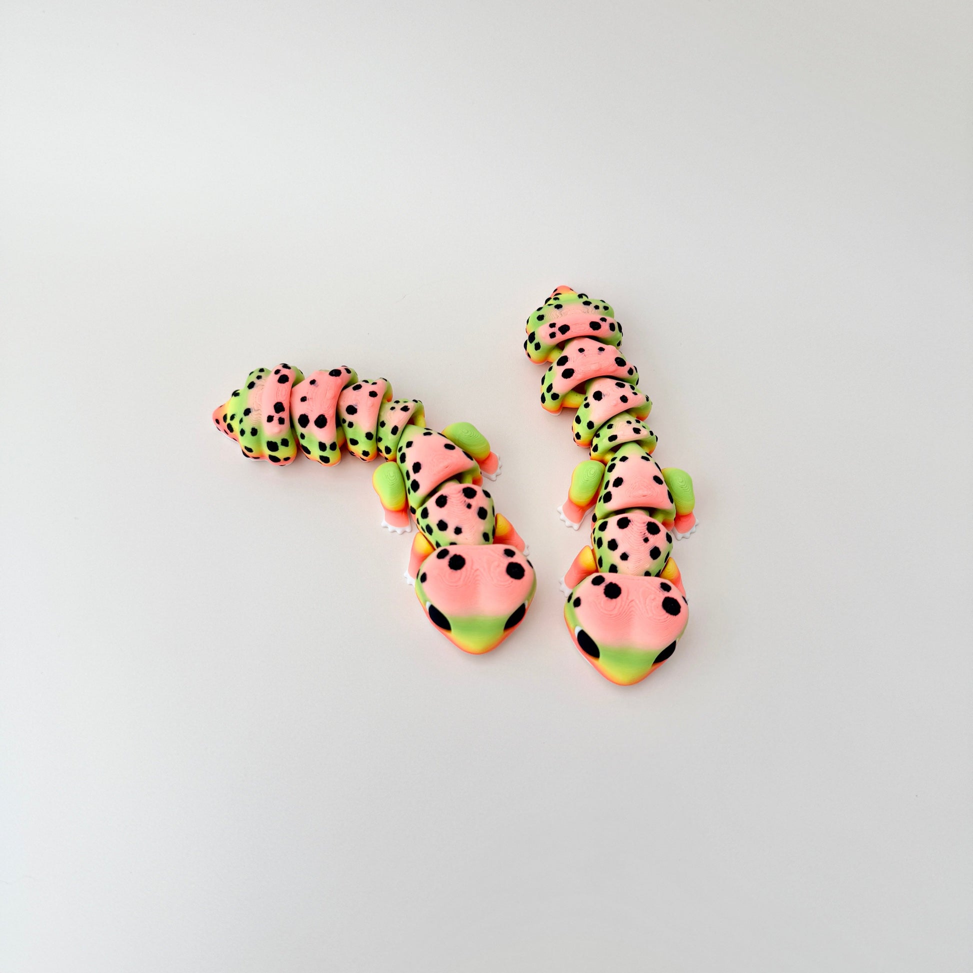 Lifelike gecko fidget with a mix of bright colours and black spots, 12.5cm long, perfect for tactile engagement.