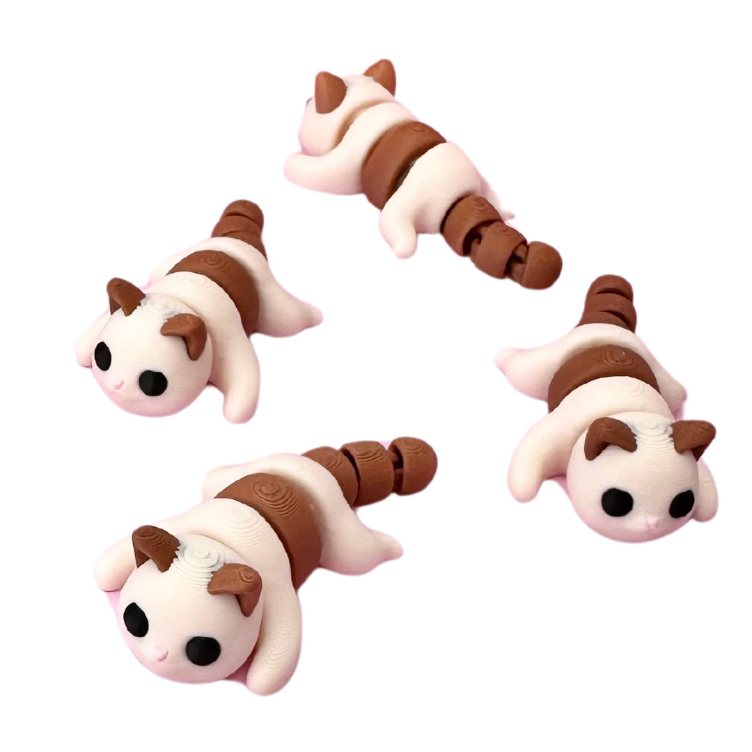 3D printed Cat Fidget Toy in beige and brown colours, featuring a flexible body and tail for calming sensory play.