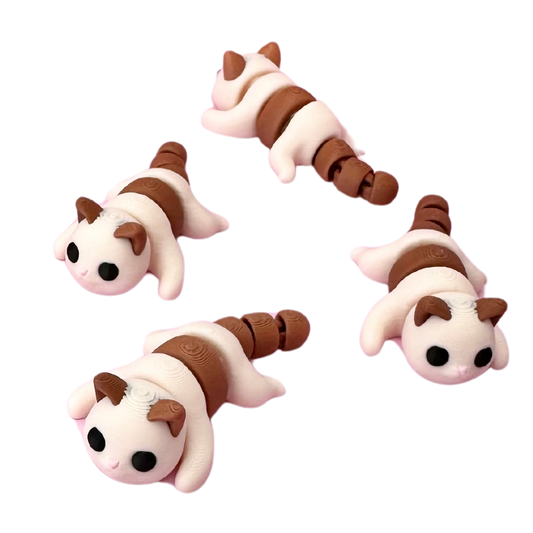 3D printed Cat Fidget Toy in beige and brown colours, featuring a flexible body and tail for calming sensory play.