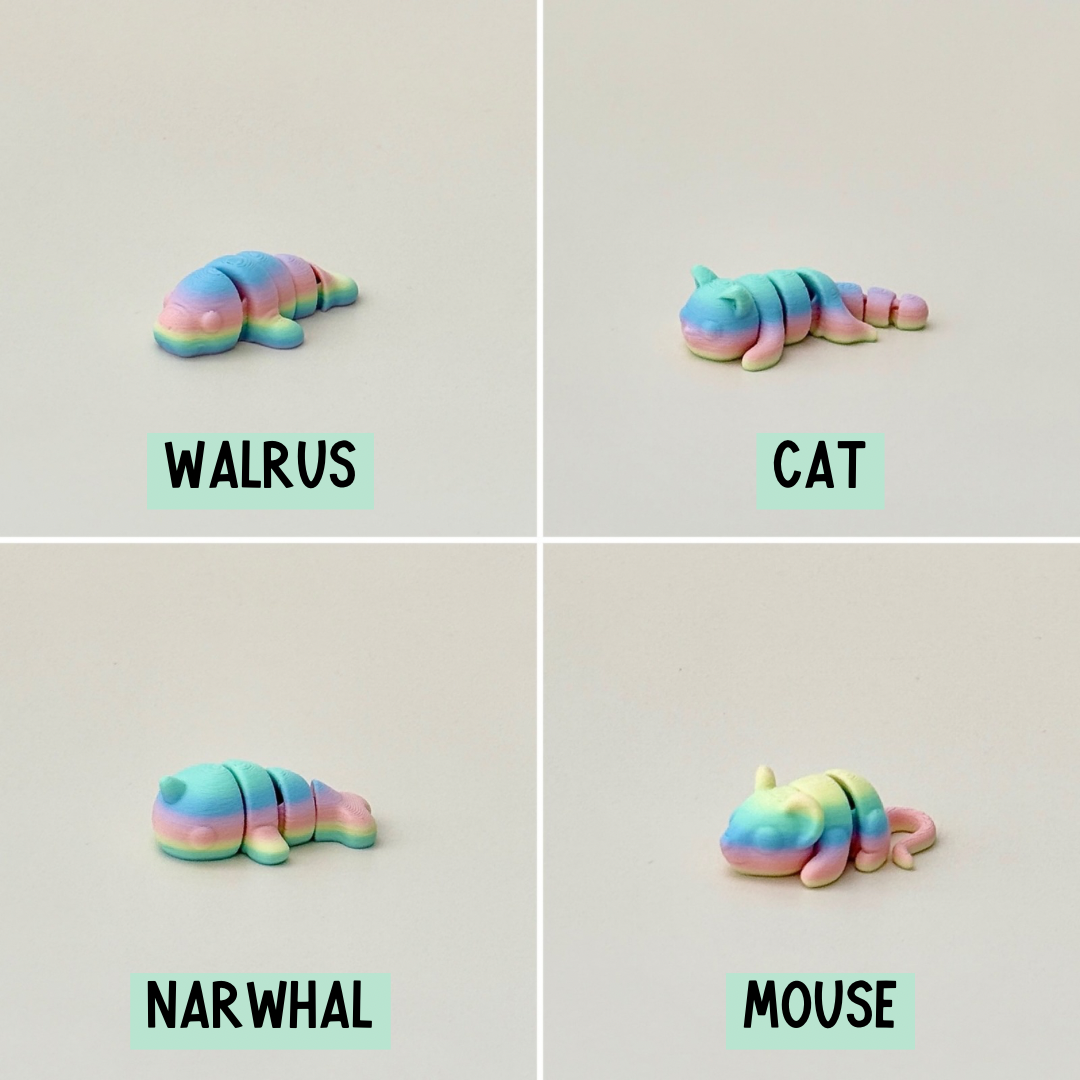 Rainbow mini pet with movable body parts, perfect for stress relief and sensory engagement.