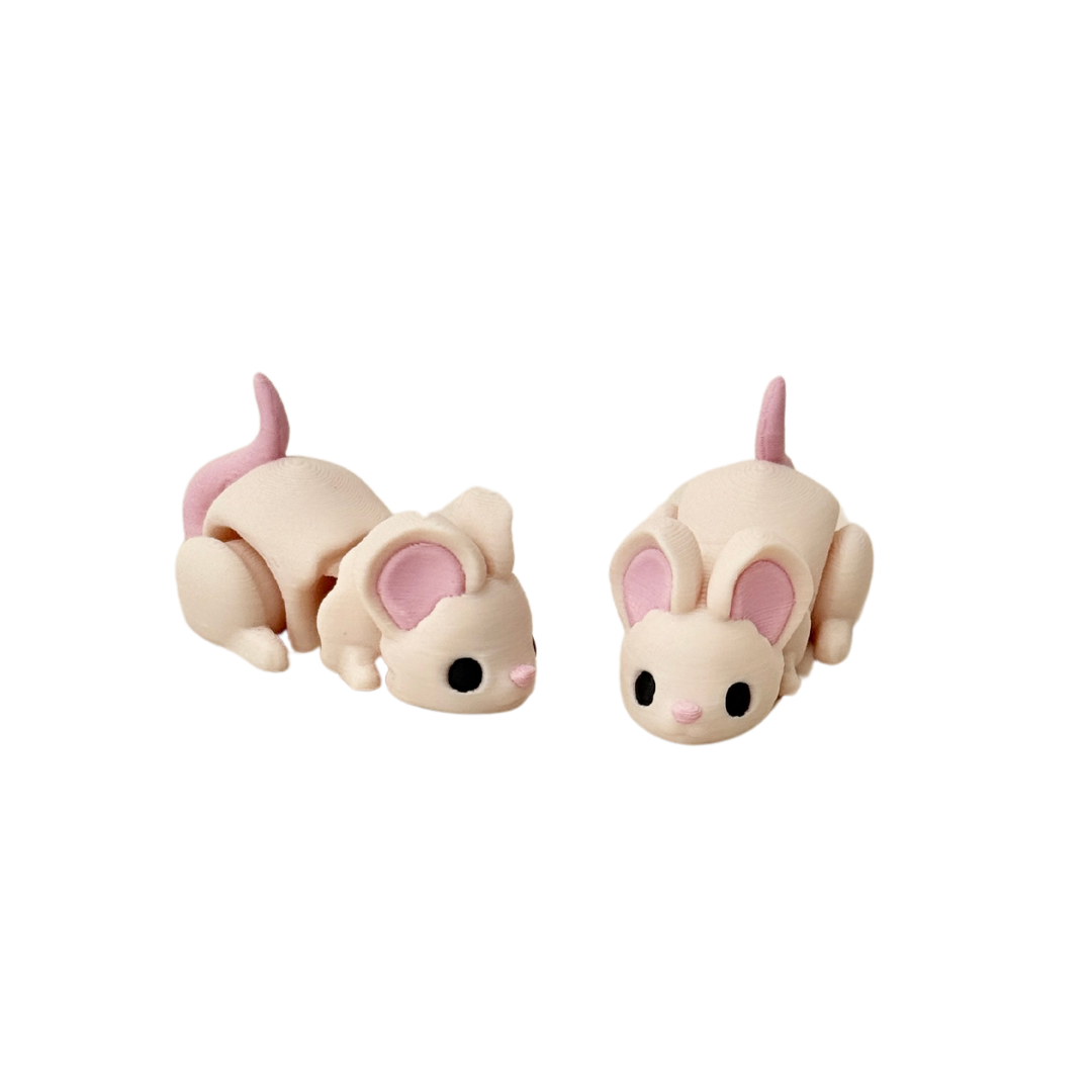 Beige mouse fidget toy with pink ears, nose, and tail, fully articulated and 6.5cm in length for sensory play.