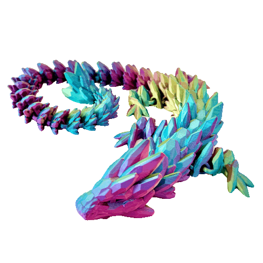 Large Crystalborne Dragon fidget toy with colour-changing filament in red, blue, and gold, fully articulated and detailed.