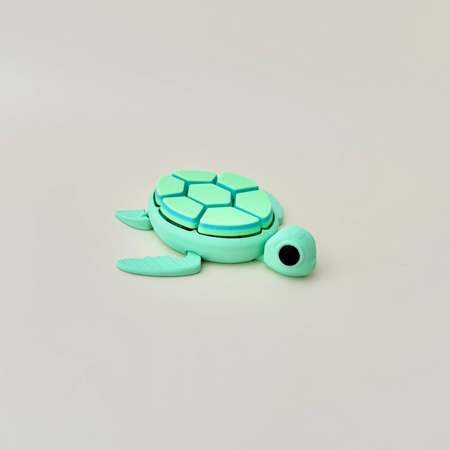 Turtle fidget clicker with green and blue finish, 11cm, featuring 7 clickers, black eyes, and flexible body parts.