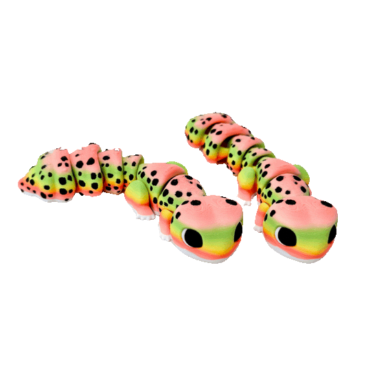 Brightly coloured gecko fidget toy with white, orange, coral, green, and yellow hues, 12.5cm, fully articulated with black spots.