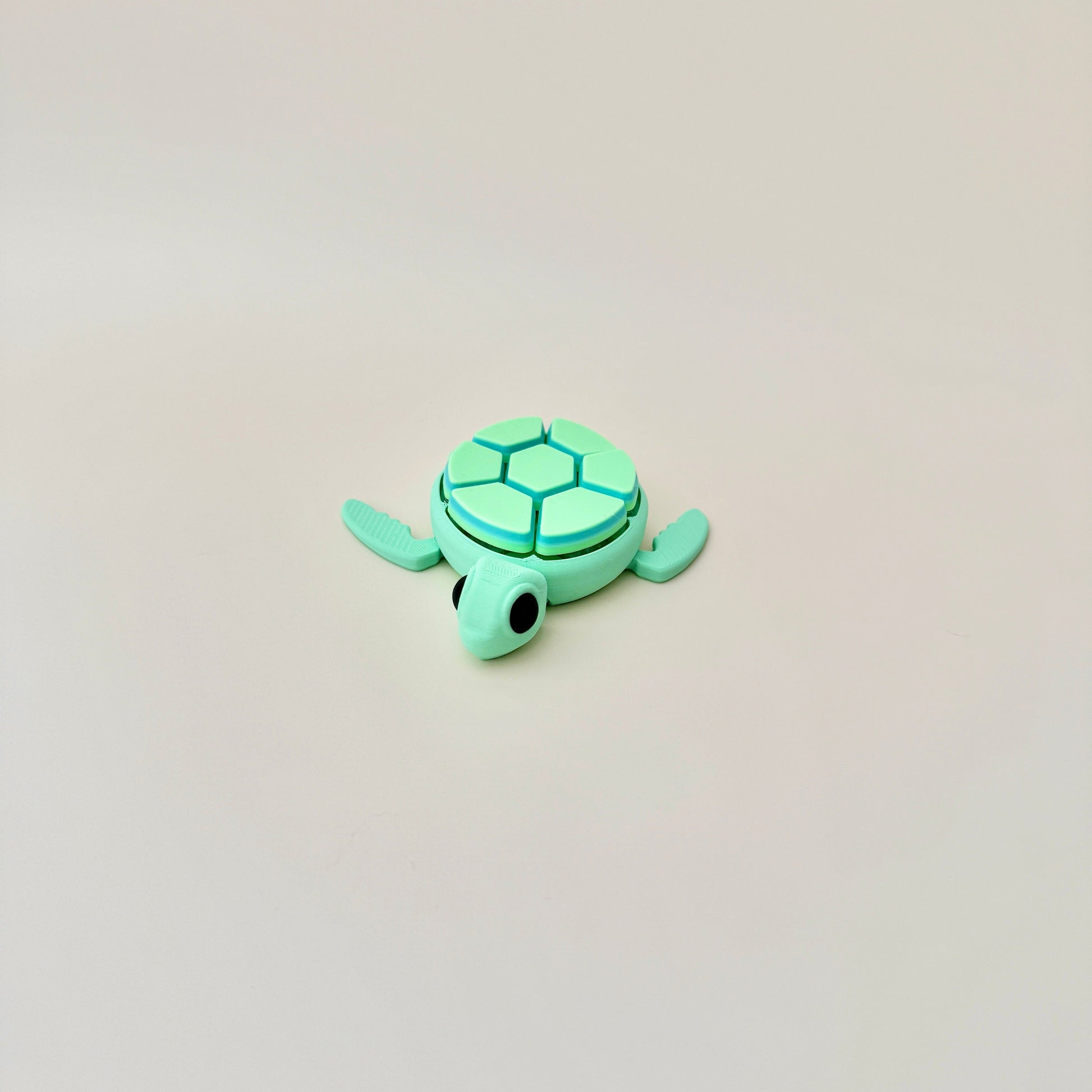 Turtle clicker toy in shades of green and blue, with 7 clickers and a flexible body for tactile play.