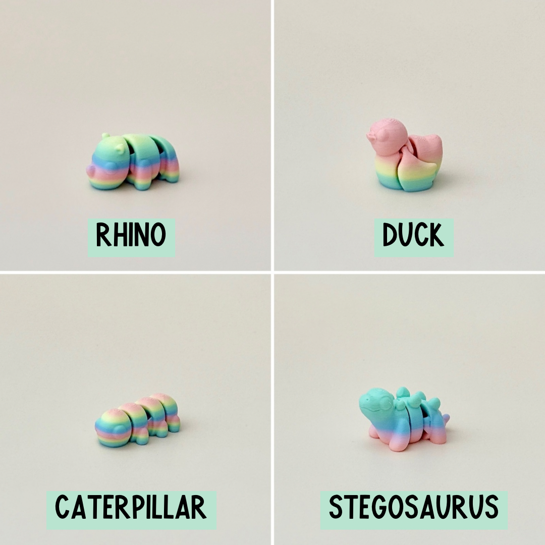 Small, portable rainbow-coloured mini pet, ideal for on-the-go fidgeting and stress relief.