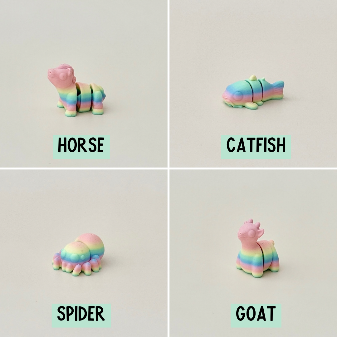 Colourful mini rainbow animal fidget, designed with movable parts for interactive play.