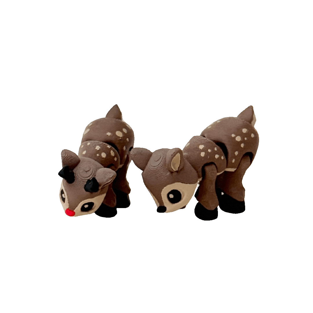 Christmas deer fidget toy with brown and beige body, black hooves, and option of black or red nose, standing 5cm tall.