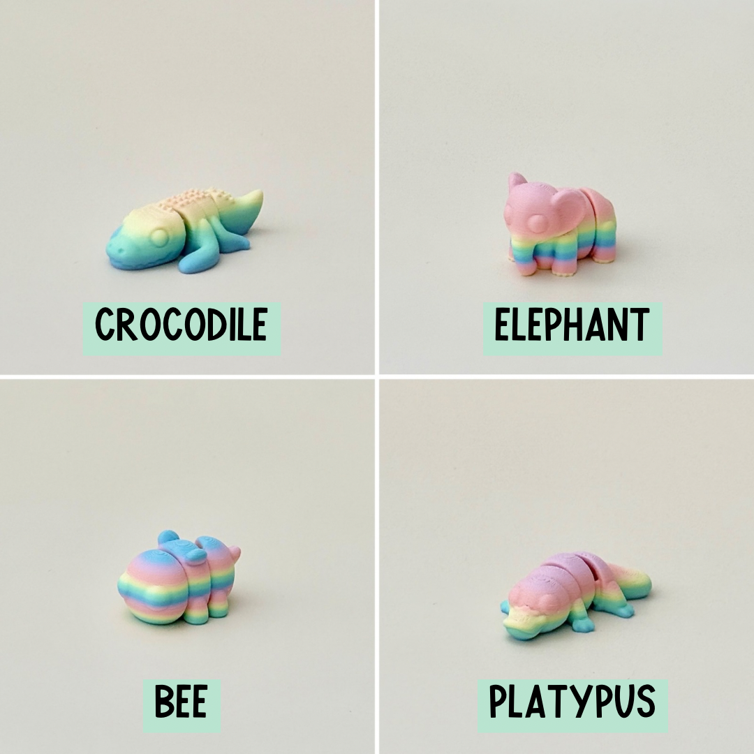 Tiny rainbow animal fidget, designed for sensory relaxation and collecting, with a flexible, articulated body.