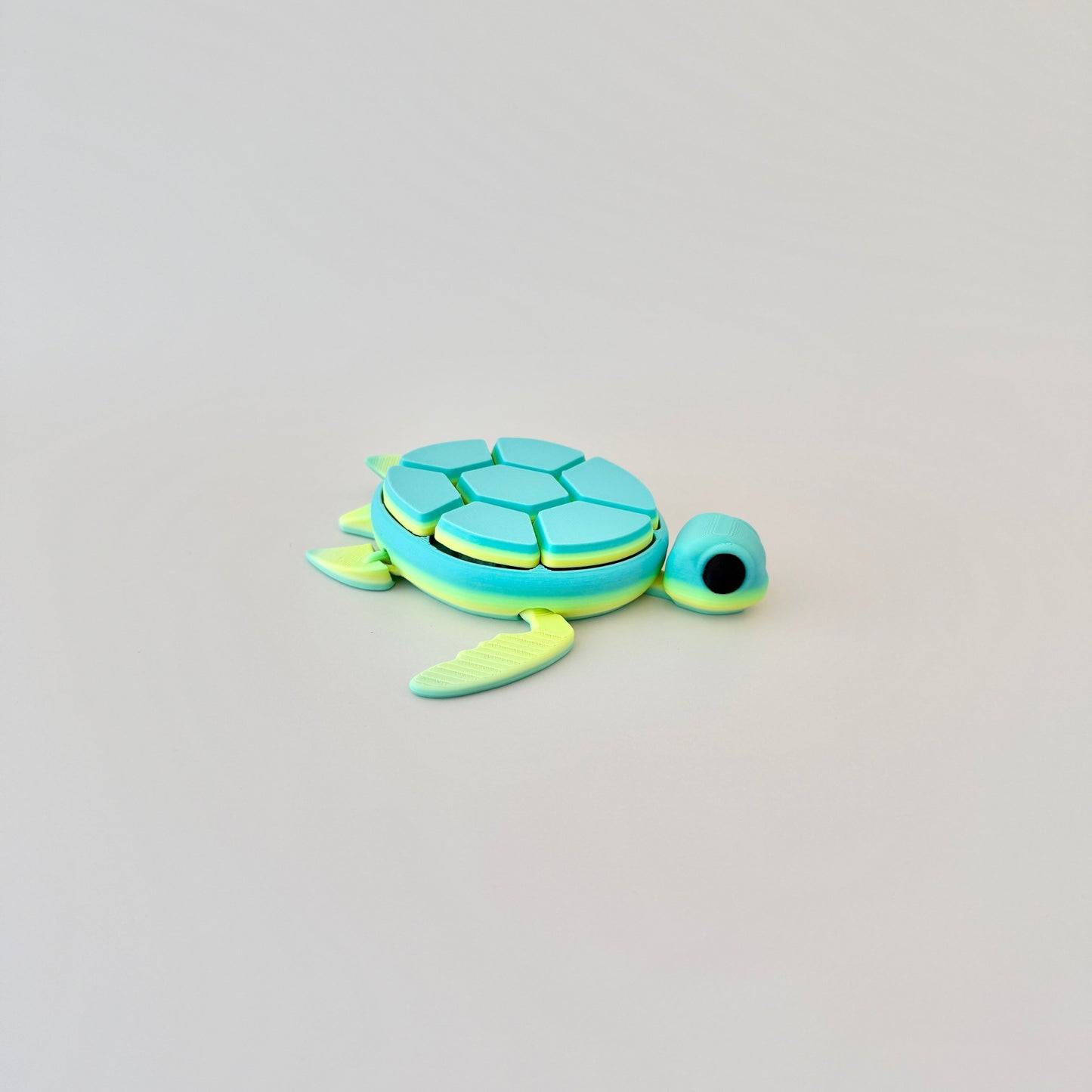 Green and blue turtle-shaped fidget clicker with moveable head, legs, and tail, designed for stress relief.